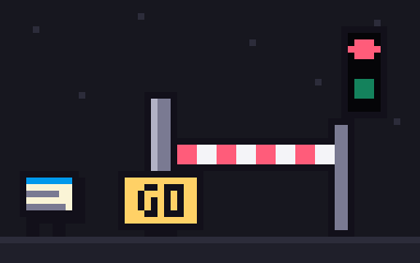 A story card waits at a barrier marked G0. The traffic light turns from red to green and the barrier lifts.