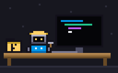The builder robot at a desk beside a folder, with lines of code growing on the monitor.