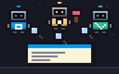 Three reviewer robots with magnifying glasses look over the same story card. One holds a red stamp and stamps it REWORK.